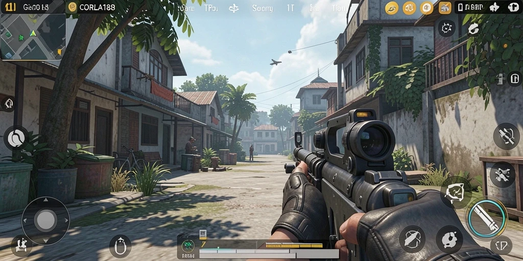 Tangkapan layar gameplay CORLA188 yang menampilkan aksi tembak-menembak.