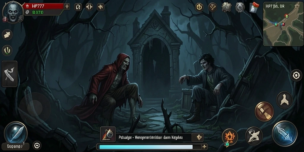 Tangkapan layar gameplay menampilkan suasana menyeramkan di HP777.