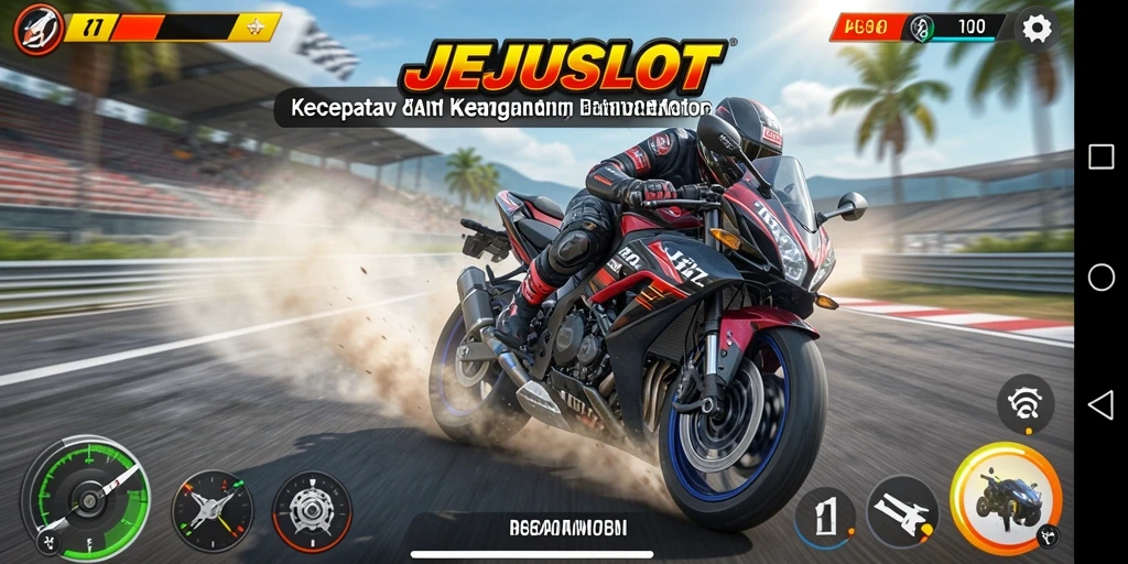 Screenshot gameplay JEJUSLOT yang menampilkan aksi balapan motor yang mendebarkan.