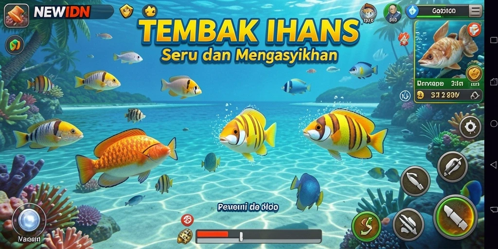 Screenshot gameplay NEWIDN yang mendebarkan saat menembak ikan.