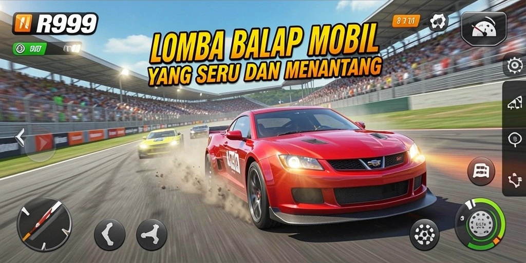Tangkapan layar gameplay balap mobil RR999 yang mendebarkan.